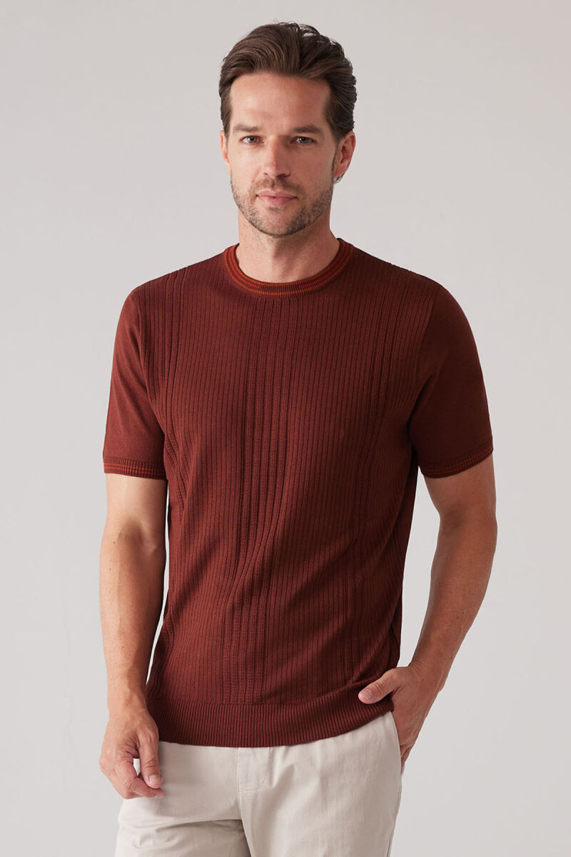 Erkek Taba Slim Fit Bisiklet Yaka Çizgili Desenli Tişört - 2