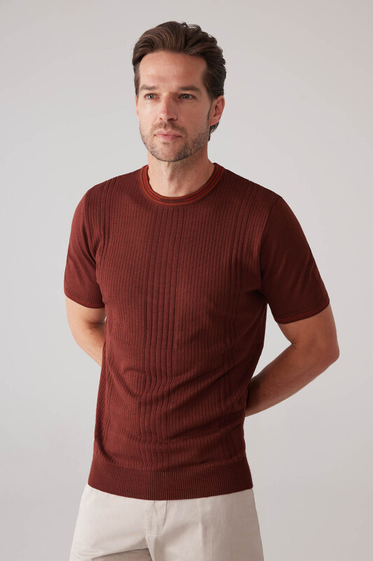 Erkek Taba Slim Fit Bisiklet Yaka Çizgili Desenli Tişört