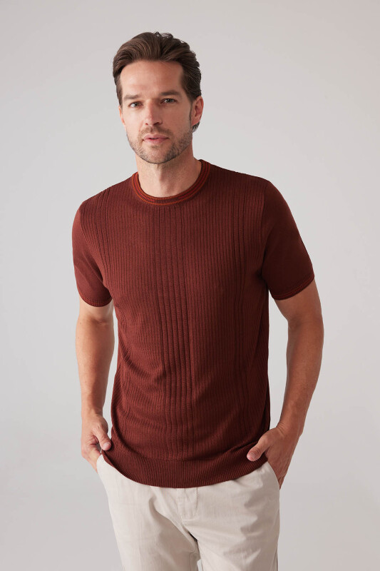 Erkek Taba Slim Fit Bisiklet Yaka Çizgili Desenli Tişört