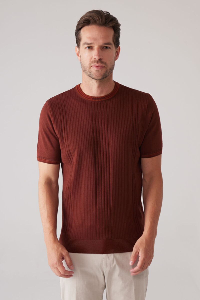 Erkek Taba Slim Fit Bisiklet Yaka Çizgili Desenli Tişört - 5