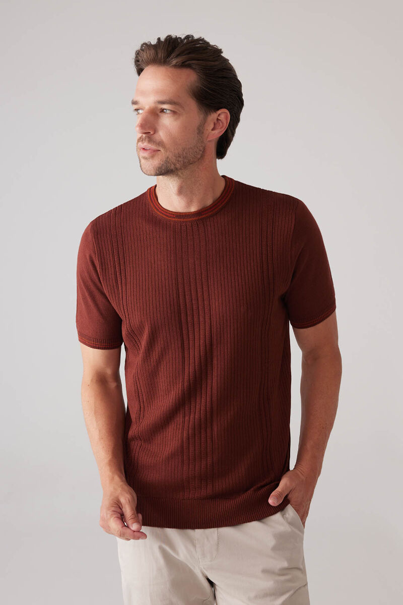 Erkek Taba Slim Fit Bisiklet Yaka Çizgili Desenli Tişört - 6