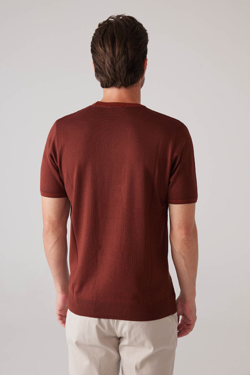Erkek Taba Slim Fit Bisiklet Yaka Çizgili Desenli Tişört - 8