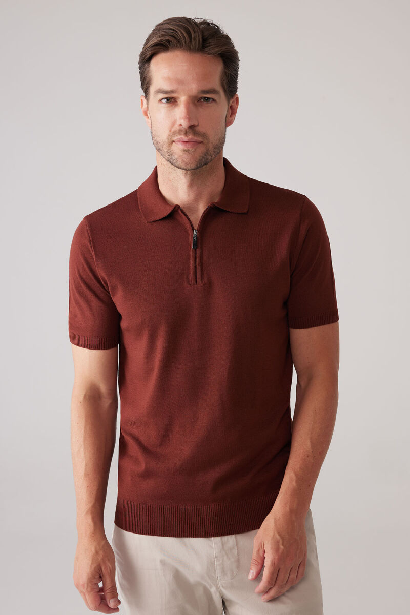 Erkek Taba Slim Fit Fermuar Detaylı Polo Yaka Triko Tişört - 1