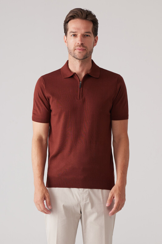 Erkek Taba Slim Fit Fermuar Detaylı Polo Yaka Triko Tişört