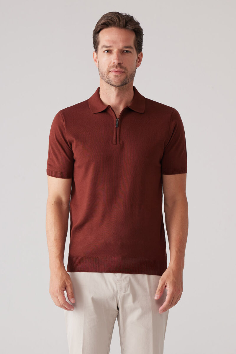Erkek Taba Slim Fit Fermuar Detaylı Polo Yaka Triko Tişört - 2