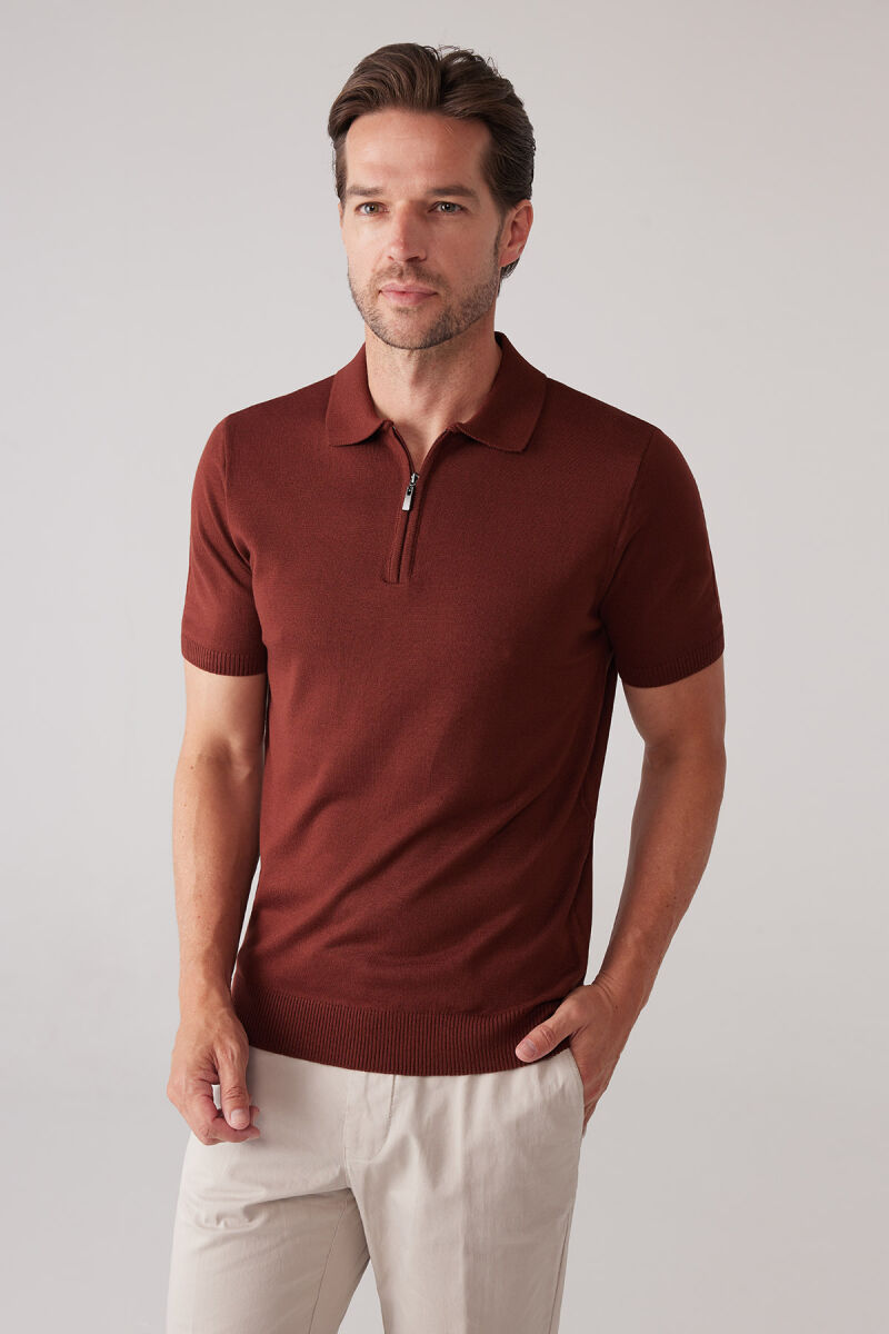 Erkek Taba Slim Fit Fermuar Detaylı Polo Yaka Triko Tişört - 3