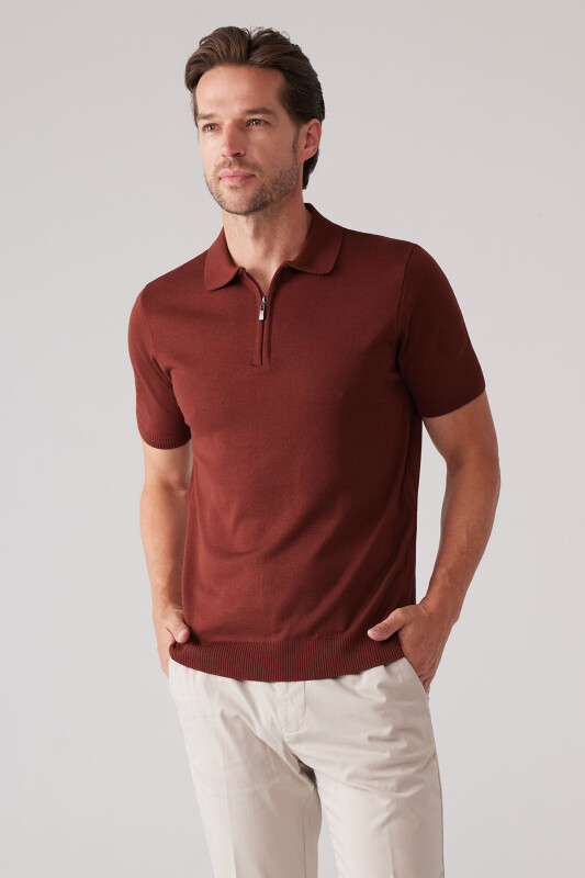 Erkek Taba Slim Fit Fermuar Detaylı Polo Yaka Triko Tişört
