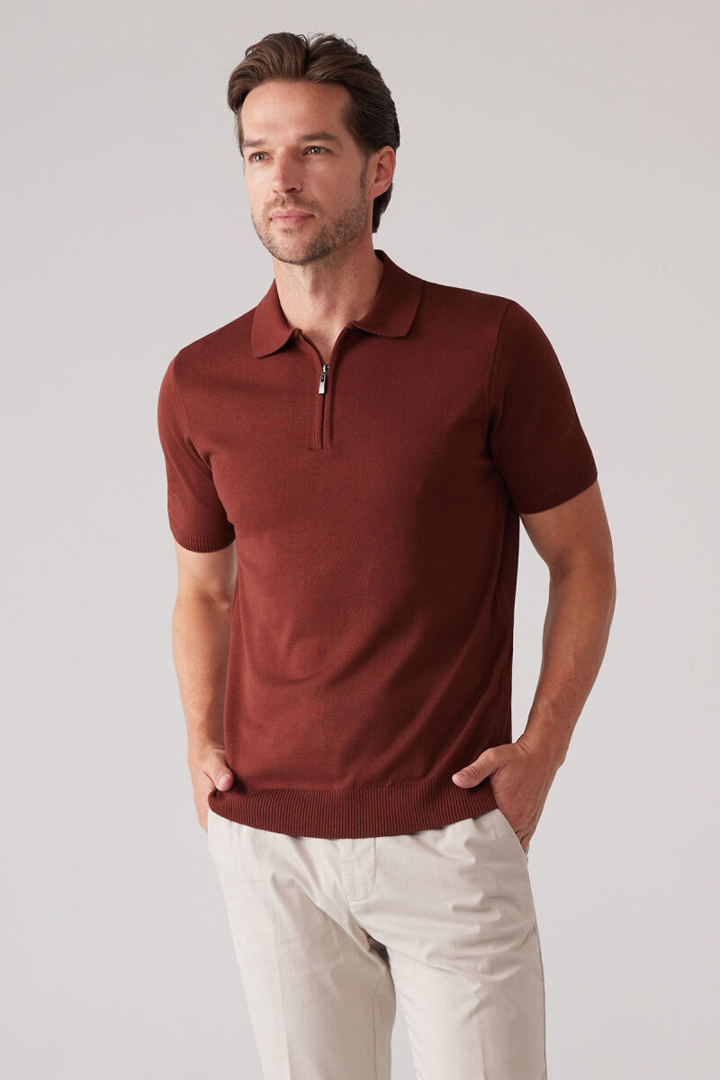 Erkek Taba Slim Fit Fermuar Detaylı Polo Yaka Triko Tişört - 4