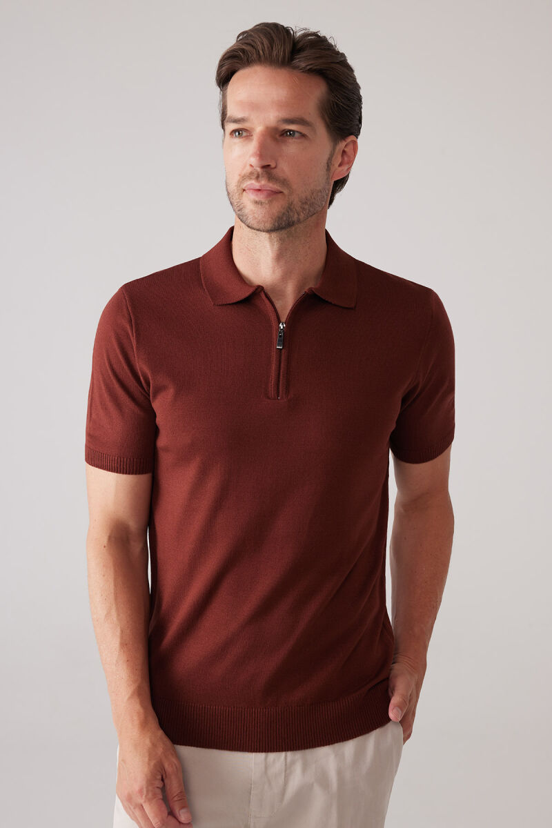 Erkek Taba Slim Fit Fermuar Detaylı Polo Yaka Triko Tişört - 5