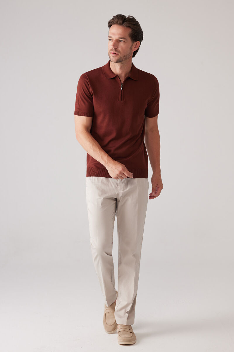 Erkek Taba Slim Fit Fermuar Detaylı Polo Yaka Triko Tişört - 6