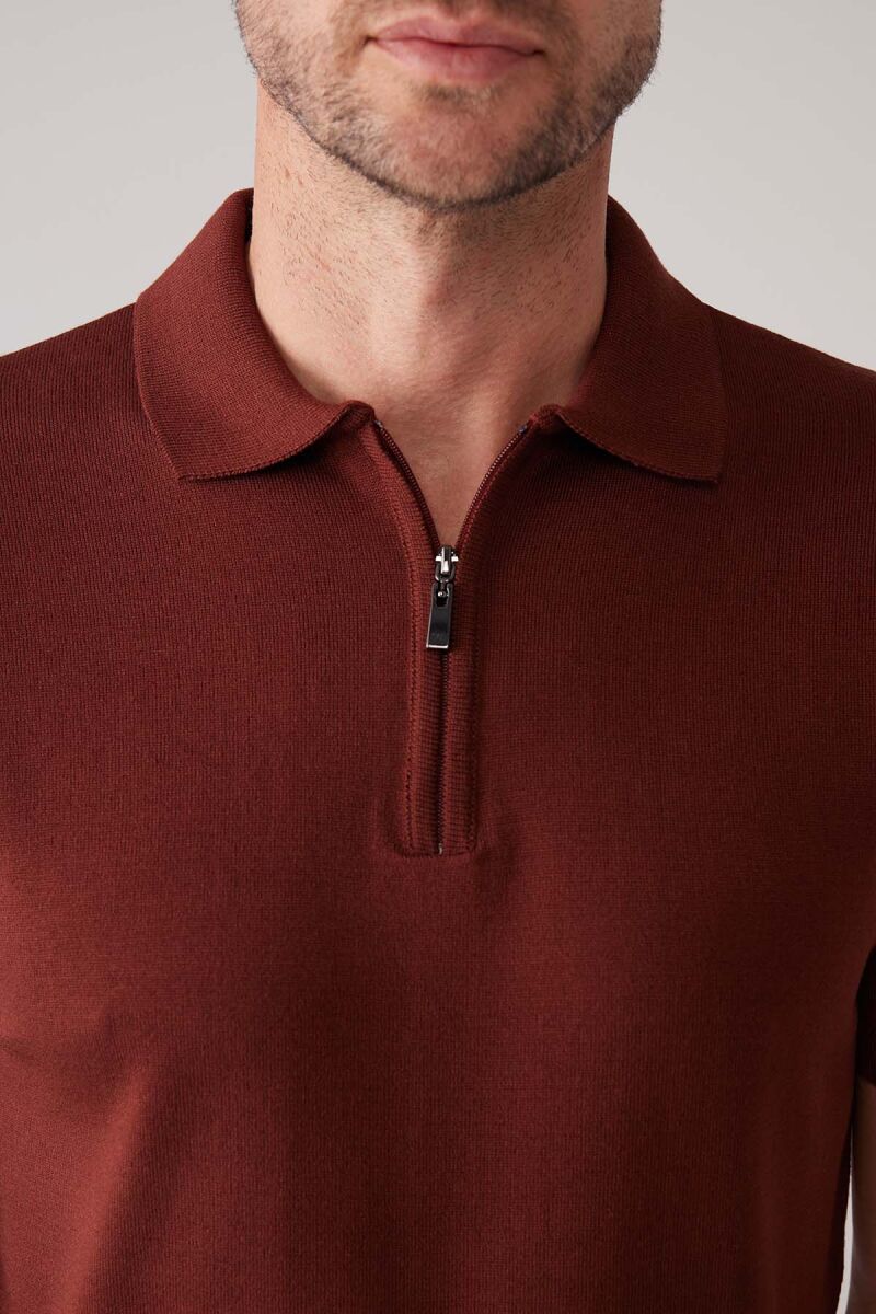 Erkek Taba Slim Fit Fermuar Detaylı Polo Yaka Triko Tişört - 7