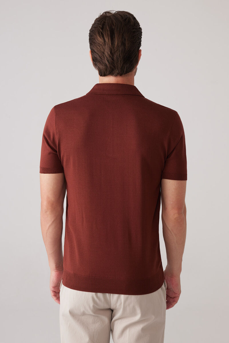 Erkek Taba Slim Fit Fermuar Detaylı Polo Yaka Triko Tişört - 8