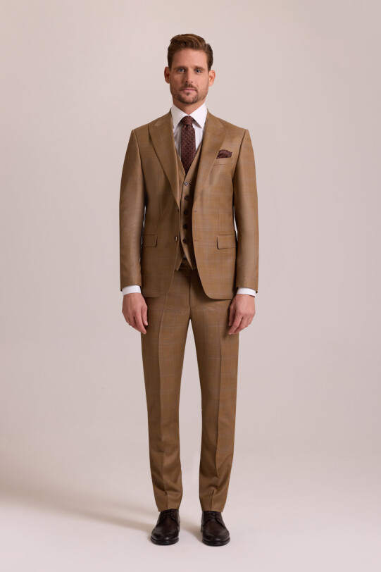 Erkek Taba Slim Fit Sivri Yaka Yelekli Yün Takım Elbise