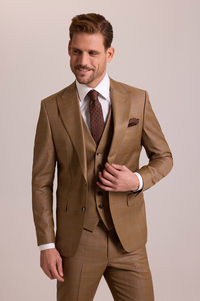 Erkek Taba Slim Fit Sivri Yaka Yelekli Yün Takım Elbise - 2