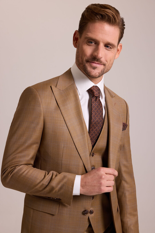 Erkek Taba Slim Fit Sivri Yaka Yelekli Yün Takım Elbise