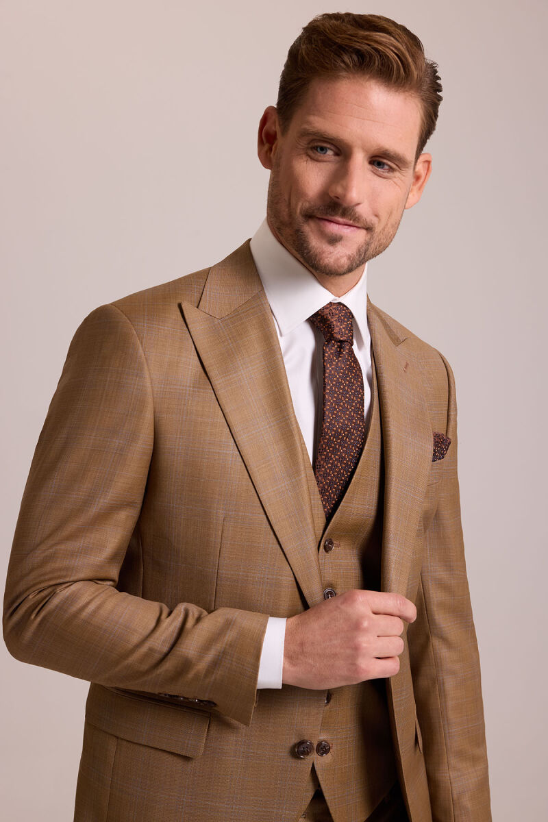 Erkek Taba Slim Fit Sivri Yaka Yelekli Yün Takım Elbise - 3