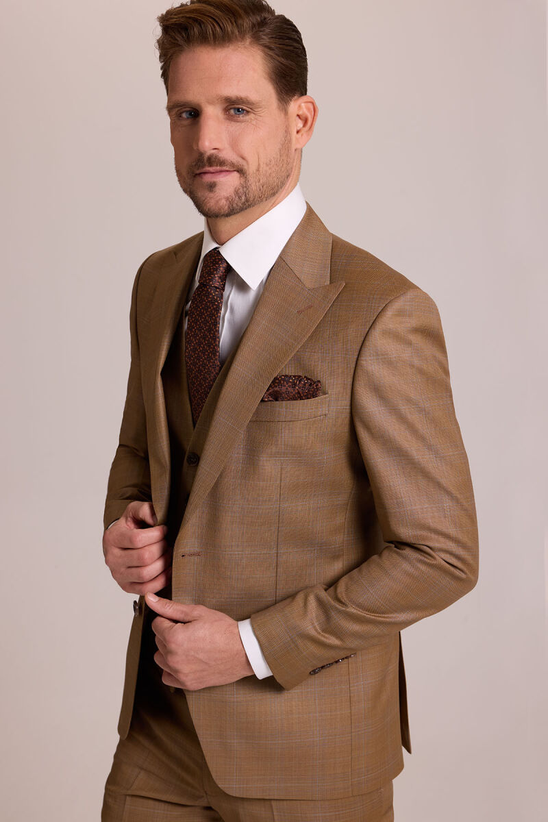 Erkek Taba Slim Fit Sivri Yaka Yelekli Yün Takım Elbise - 4