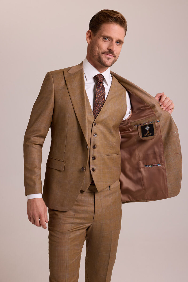 Erkek Taba Slim Fit Sivri Yaka Yelekli Yün Takım Elbise - 5