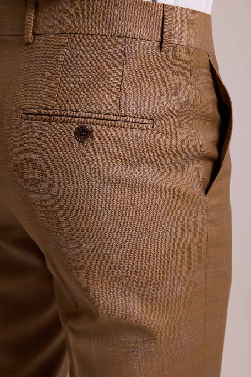 Erkek Taba Slim Fit Sivri Yaka Yelekli Yün Takım Elbise - 7