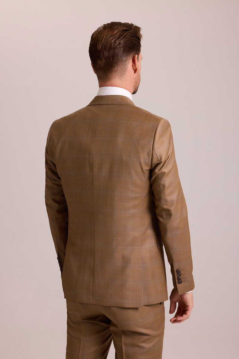 Erkek Taba Slim Fit Sivri Yaka Yelekli Yün Takım Elbise - 8