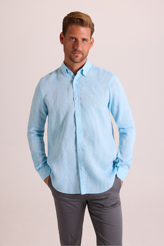 Erkek Turkuaz Düz Regular Fit Keten Gömlek