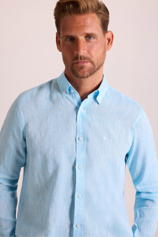 Erkek Turkuaz Düz Regular Fit Keten Gömlek
