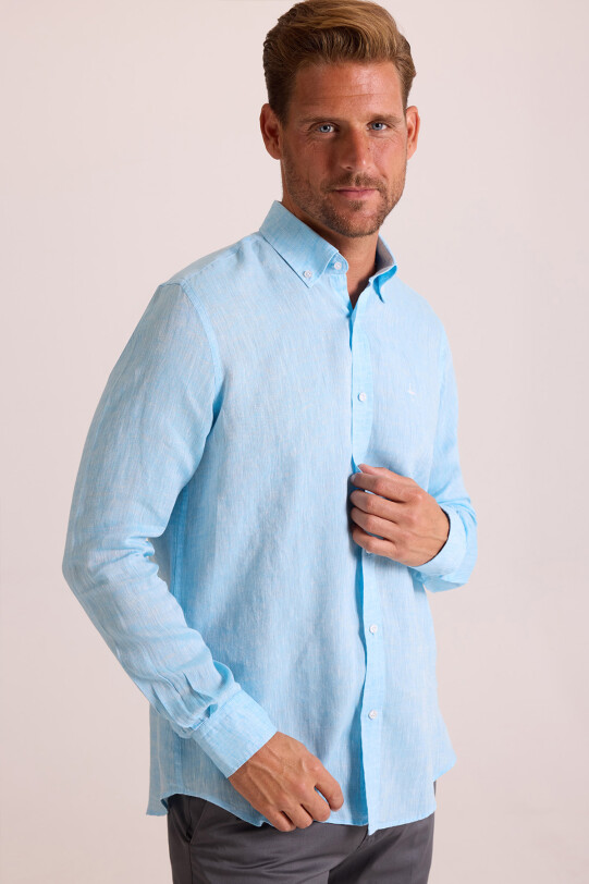 Erkek Turkuaz Düz Regular Fit Keten Gömlek