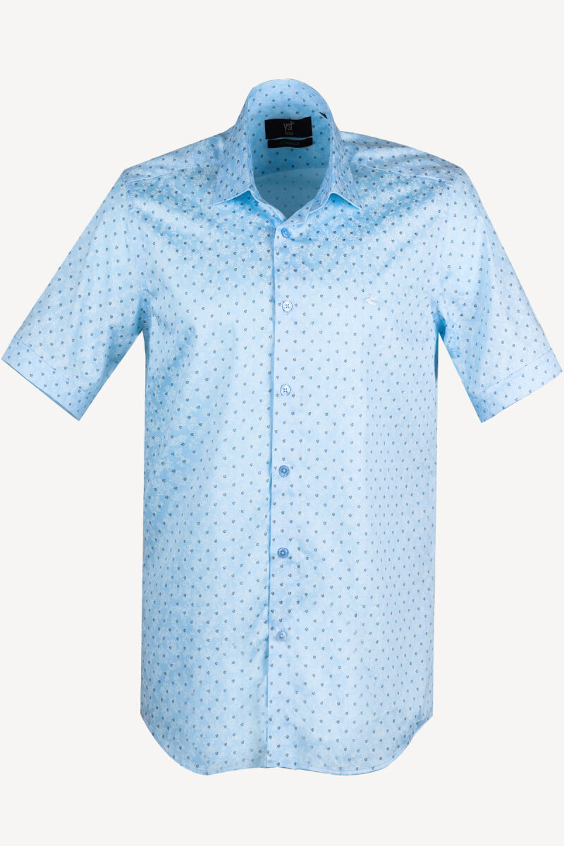 Erkek Turkuaz Kısa Kol Desenli Slim Fit Gömlek - 1