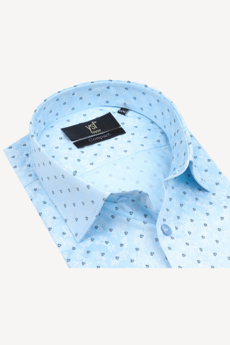 Erkek Turkuaz Kısa Kol Desenli Slim Fit Gömlek - 2