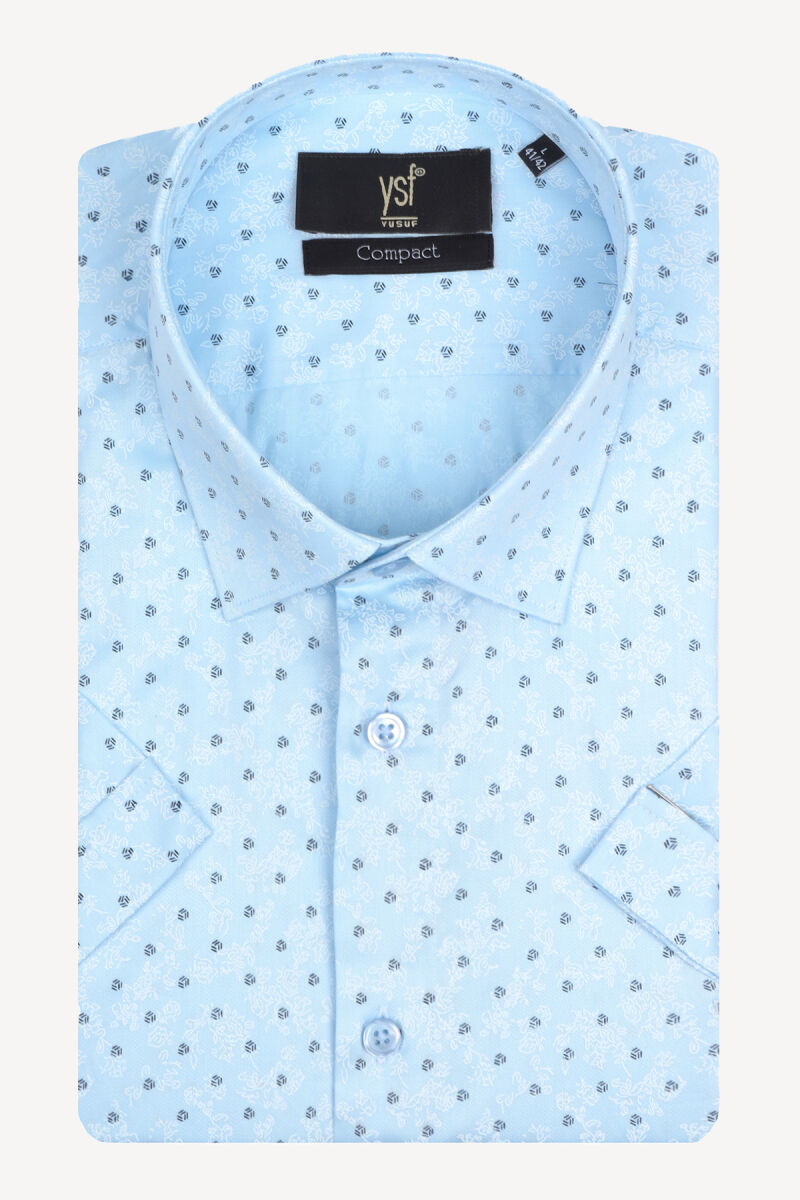 Erkek Turkuaz Kısa Kol Desenli Slim Fit Gömlek - 3