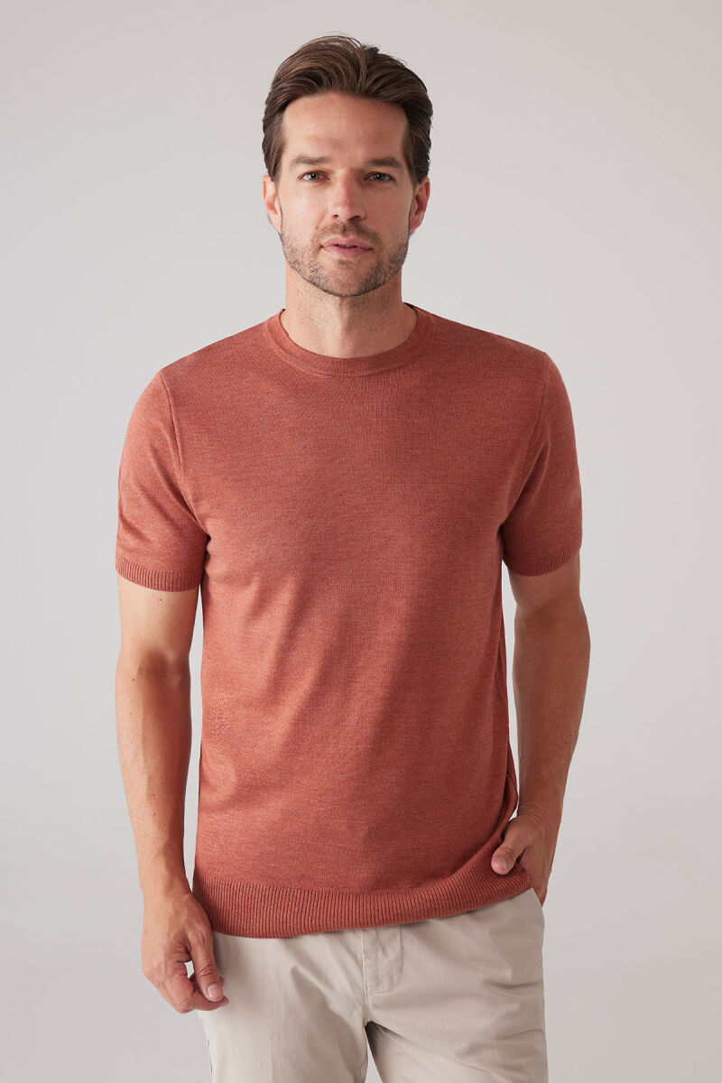 Erkek Turuncu Slim Fit Bisiklet Yaka Yazlık Triko Tişört - 1