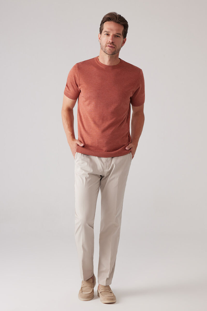 Erkek Turuncu Slim Fit Bisiklet Yaka Yazlık Triko Tişört - 2