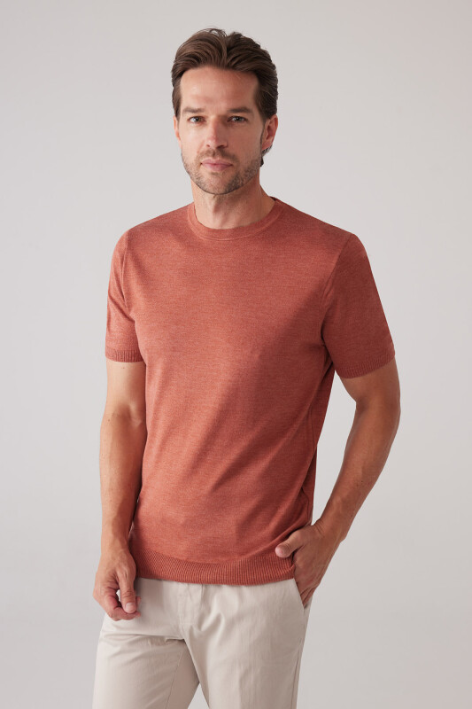 Erkek Turuncu Slim Fit Bisiklet Yaka Yazlık Triko Tişört