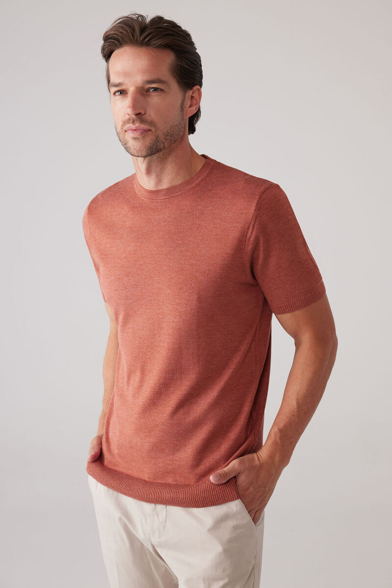 Erkek Turuncu Slim Fit Bisiklet Yaka Yazlık Triko Tişört - 5