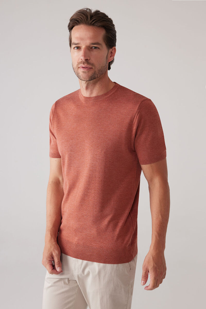 Erkek Turuncu Slim Fit Bisiklet Yaka Yazlık Triko Tişört - 6