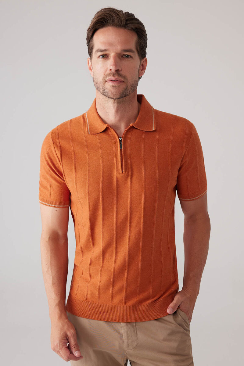 Erkek Turuncu Slim Fit Kaşmir Karışımlı Fermuarlı Polo Yaka Tişört - 1