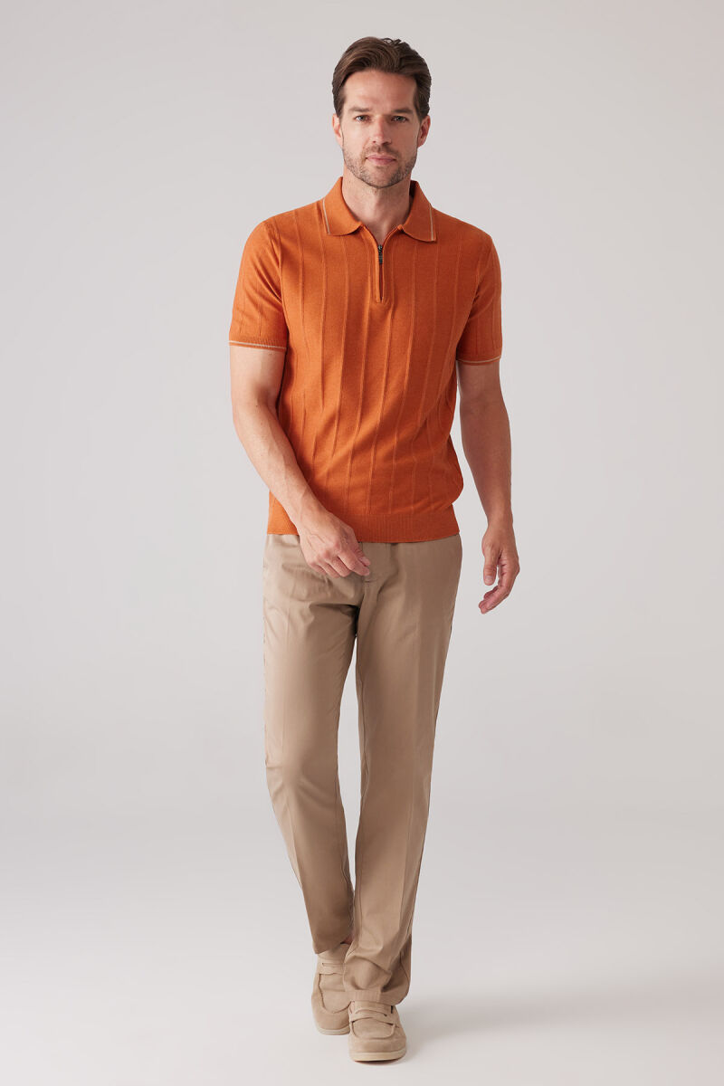 Erkek Turuncu Slim Fit Kaşmir Karışımlı Fermuarlı Polo Yaka Tişört - 2