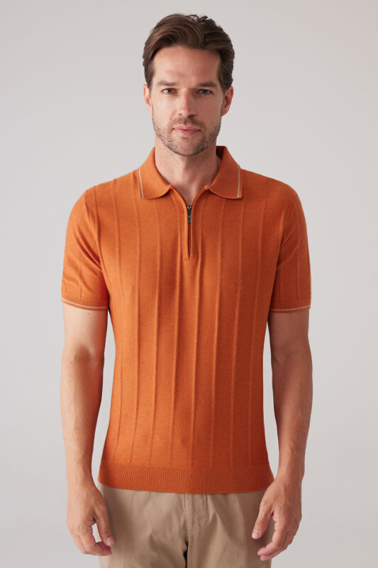 Erkek Turuncu Slim Fit Kaşmir Karışımlı Fermuarlı Polo Yaka Tişört