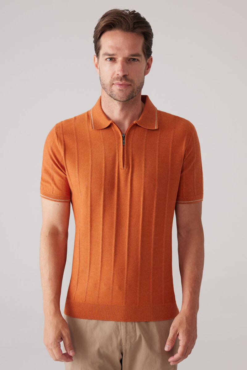 Erkek Turuncu Slim Fit Kaşmir Karışımlı Fermuarlı Polo Yaka Tişört - 3