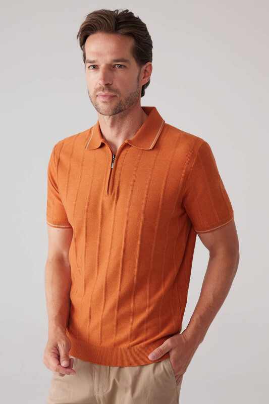 Erkek Turuncu Slim Fit Kaşmir Karışımlı Fermuarlı Polo Yaka Tişört