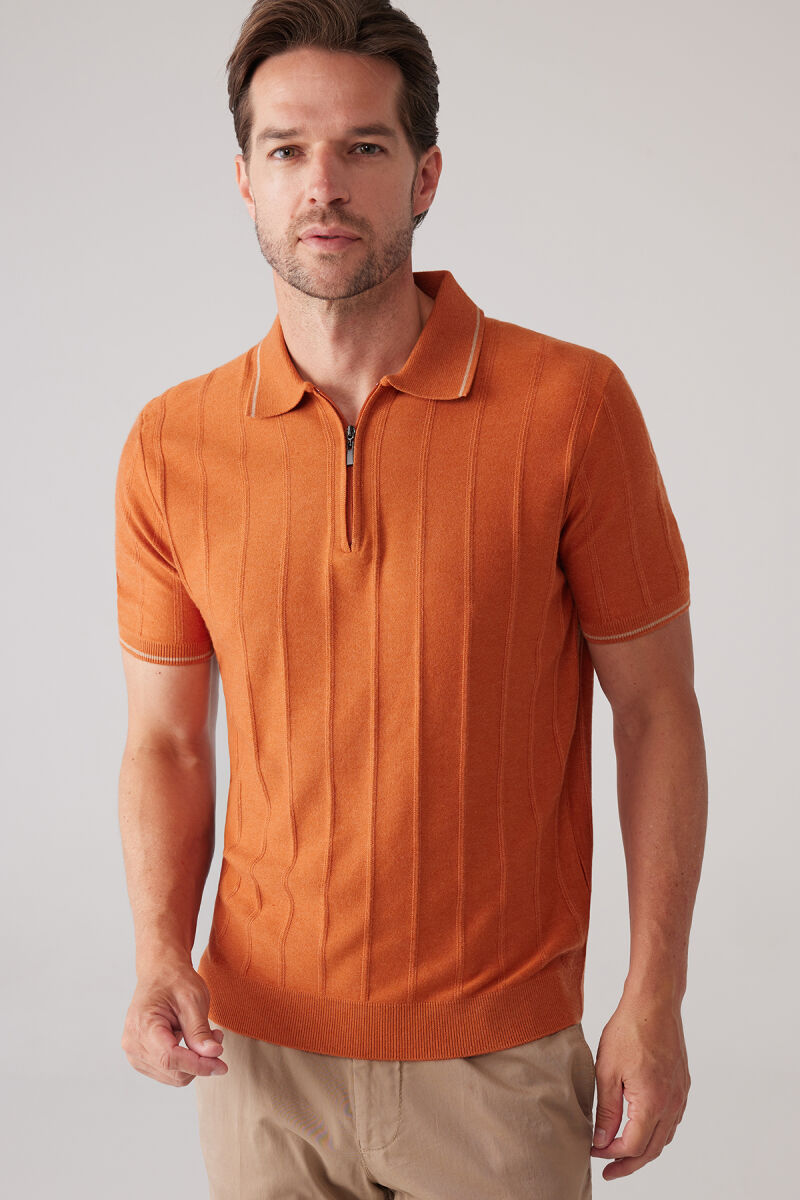 Erkek Turuncu Slim Fit Kaşmir Karışımlı Fermuarlı Polo Yaka Tişört - 5