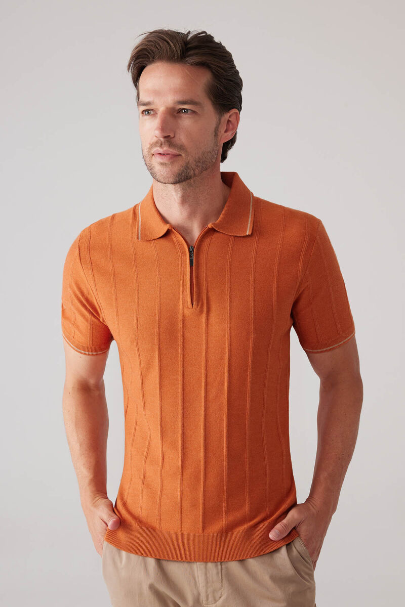 Erkek Turuncu Slim Fit Kaşmir Karışımlı Fermuarlı Polo Yaka Tişört - 6