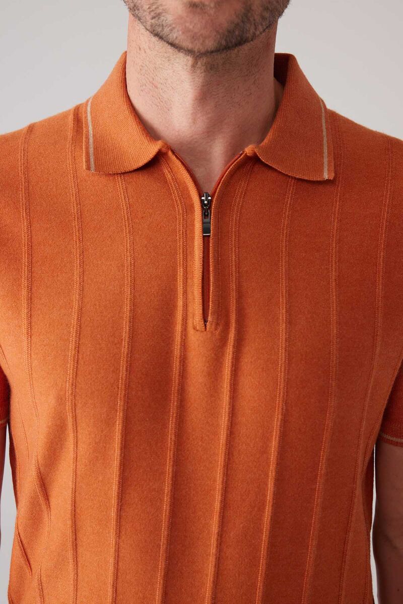 Erkek Turuncu Slim Fit Kaşmir Karışımlı Fermuarlı Polo Yaka Tişört - 7