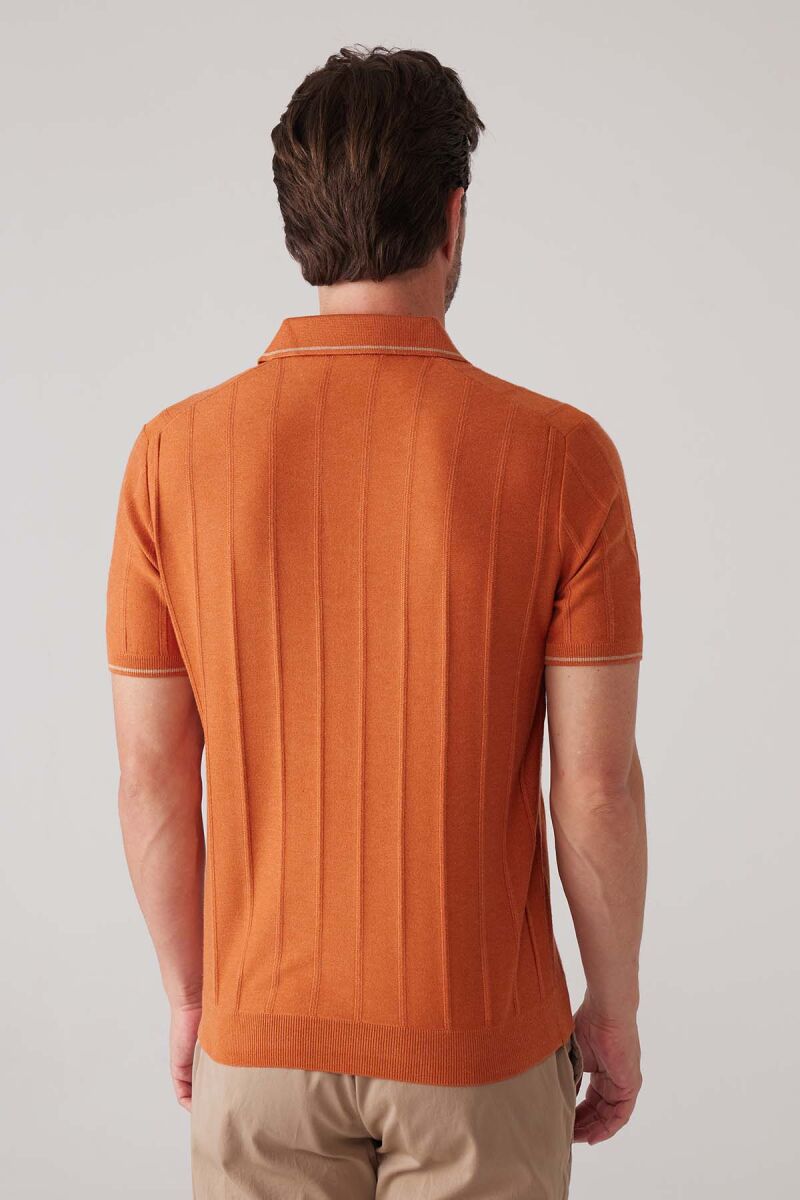 Erkek Turuncu Slim Fit Kaşmir Karışımlı Fermuarlı Polo Yaka Tişört - 8