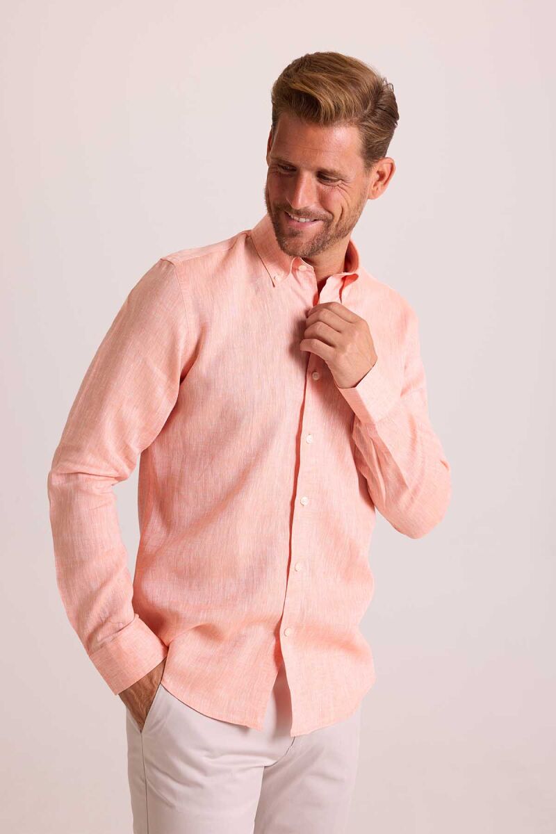 Erkek Turuncu Yaka Düğmeli Slim Fit Keten Gömlek - 1