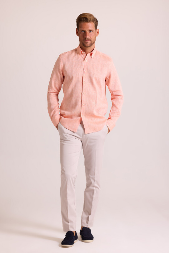 Erkek Turuncu Yaka Düğmeli Slim Fit Keten Gömlek