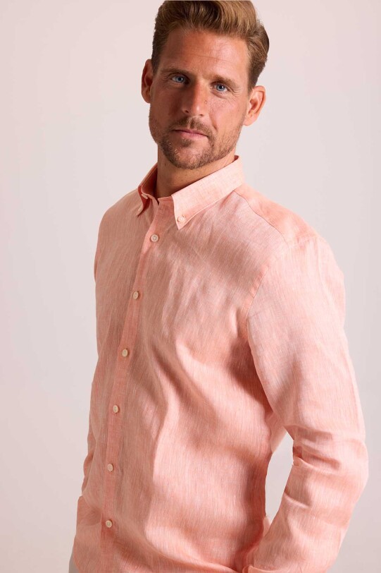 Erkek Turuncu Yaka Düğmeli Slim Fit Keten Gömlek