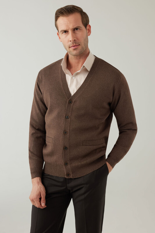 Erkek Vizon Düğmeli Yünlü Triko Hırka