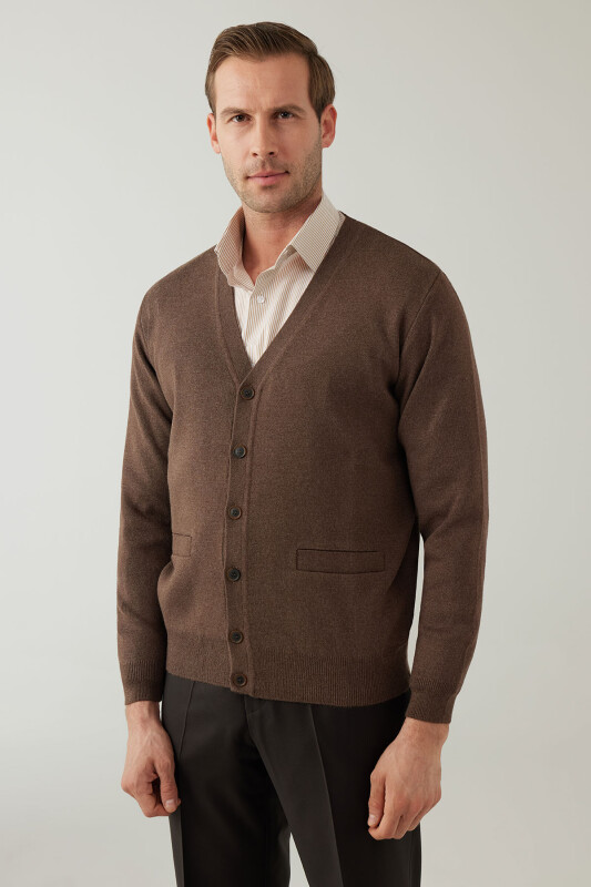 Erkek Vizon Düğmeli Yünlü Triko Hırka