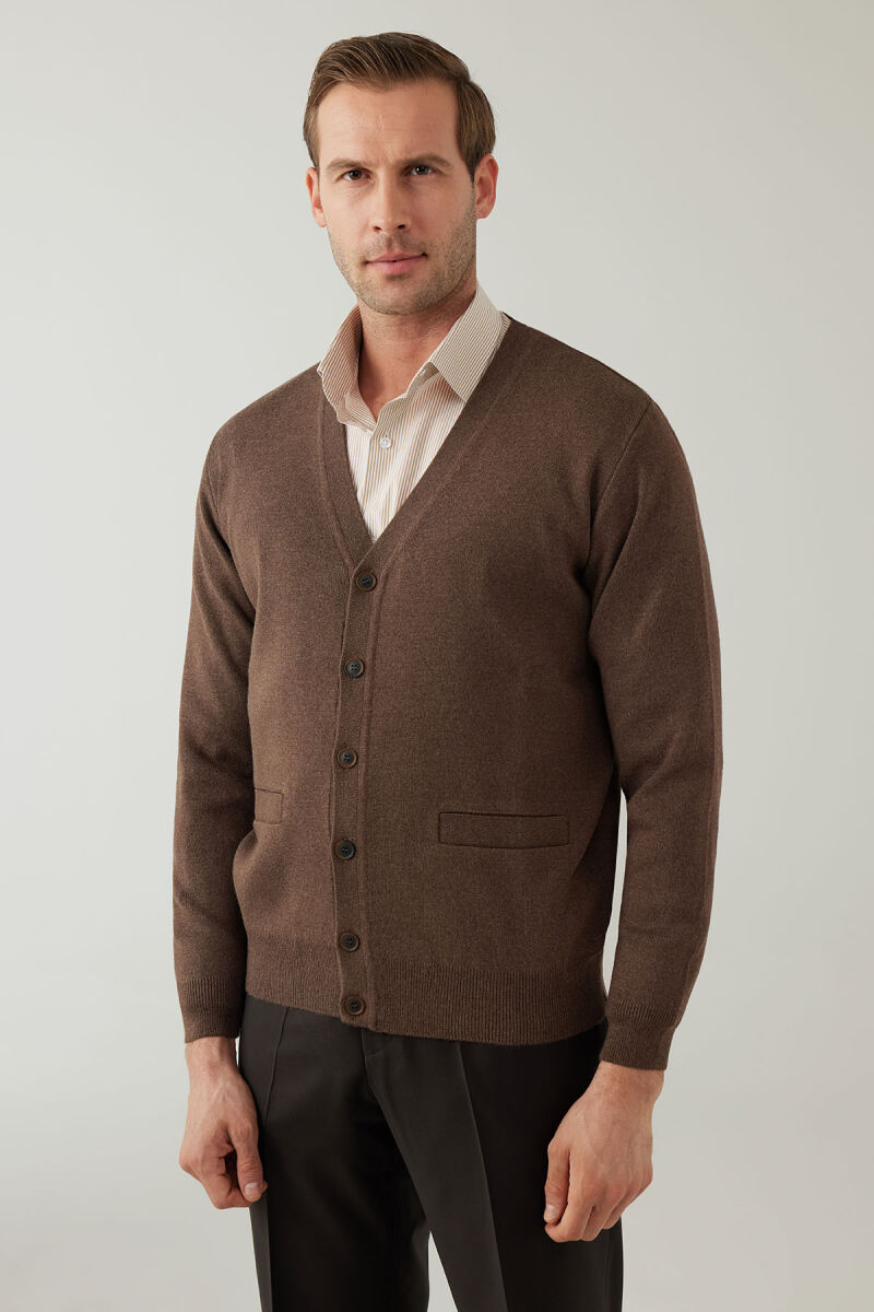 Erkek Vizon Düğmeli Yünlü Triko Hırka - 2